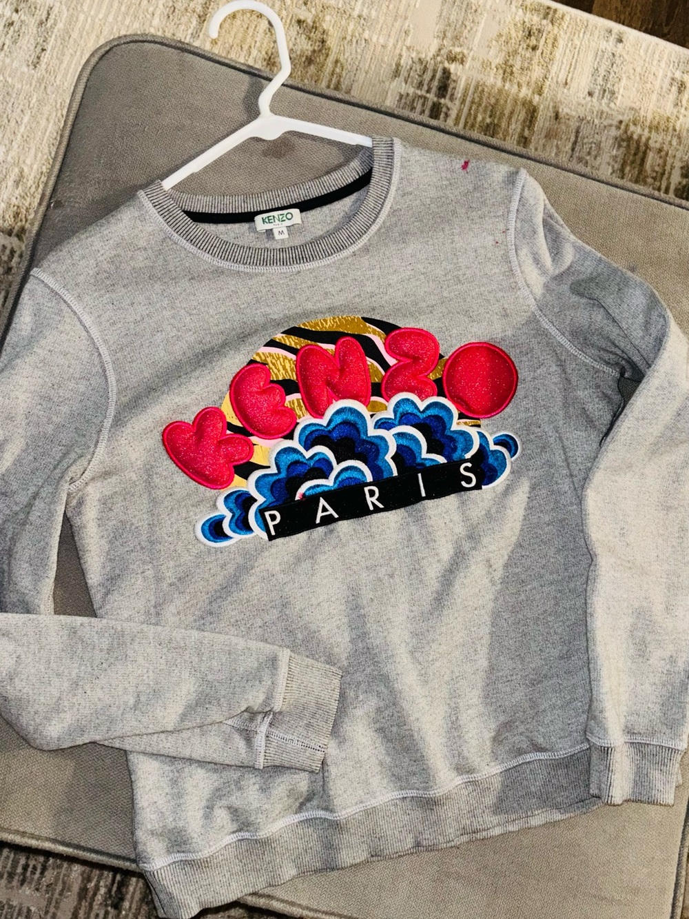 Kenzo Grey Sweatshirt with Pink, Blue and Gold Appliqué